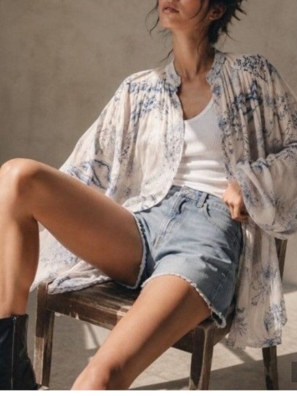 Free People Ivory Blue Print Loose Flowy Long Sleeve Button Down Boho Blouse L